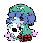  1girl blue_hair blush blush_stickers english hair_bobbles hair_ornament hat jinnouchi_akira kawashiro_nitori long_sleeves looking_at_viewer red_eyes short_hair simple_background skirt skirt_set skull solo stitches torn_clothes touhou twintails white_background zombie 