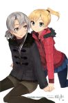  2girls alternate_costume blonde_hair blue_eyes coat grey_eyes grey_hair hands_together highres jacket kantai_collection konishi_(koconatu) looking_at_another maikaze_(kantai_collection) multiple_girls nowaki_(kantai_collection) pleated_skirt skirt winter_clothes winter_coat 