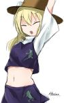  1girl artist_name blonde_hair closed_eyes cowboy_shot frog_print hat highres kihuzinz long_hair midriff moriya_suwako navel open_mouth sketch skirt skirt_set solo stretch touhou turtleneck vest white_background 