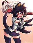  2girls animal_ears black_hair black_legwear blush breasts cat_ears caught commentary_request cowboy_shot disembodied_head fang fangs filia_(skullgirls) full-face_blush kemonomimi_mode laughing long_hair miniskirt ms._fortune_(skullgirls) multiple_girls navel necktie paw_pose prehensile_hair red_eyes samson_(skullgirls) school_uniform skirt skullgirls thigh-highs vincent_(hiyakuen) 