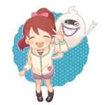  1girl ayu_(mog) blush brown_hair closed_eyes ghost grin heart kodama_fumika one_eye_closed open_mouth pigeon-toed ponytail purple_lips simple_background smile v whisper_(youkai_watch) white_background youkai youkai_watch 