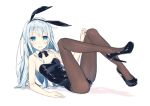  1girl animal_ears bare_arms bare_shoulders black_legwear blue_eyes bunny_girl bunnysuit fake_animal_ears hibiki_(kantai_collection) high_heels highres kantai_collection leg_up leotard long_hair looking_at_viewer pantyhose rabbit_ears silver_hair sitting solo tunamayochan very_long_hair 