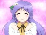  1girl commentary_request dress flower hair_flower hair_ornament half-closed_eyes long_hair long_sleeves looking_at_viewer love_live!_school_idol_project low_twintails purple_hair shirosato shirt smile solo touhou toujou_nozomi tsukumo_benben twintails upper_body violet_eyes yellow_dress 