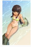  1girl beach bikini braid brown_hair expressionless ez6 green_eyes highres kantai_collection kitakami_(kantai_collection) long_hair solo swimsuit tan tanline water 