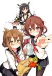  3girls bag bare_shoulders black_gloves black_legwear black_skirt blush brown_eyes brown_hair carrot curry curry_rice elbow_gloves fingerless_gloves folded_ponytail food glasses gloves headgear highres ikazuchi_(kantai_collection) inazuma_(kantai_collection) kantai_collection kawai_(purplrpouni) long_hair long_sleeves looking_at_viewer multiple_girls nagato_(kantai_collection) neckerchief onion open_mouth pantyhose pitcher pleated_skirt potato red_eyes sailor_collar school_uniform serafuku shopping_bag short_hair skirt spoon tears v wavy_mouth white_skirt 