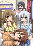  &gt;_&lt; 6+girls :3 akatsuki_(kantai_collection) alternate_costume bare_shoulders bed bed_frame bed_sheet bedroom black_hair blue_eyes blush brown_eyes brown_hair character_request folded_ponytail hair_between_eyes hair_ornament hairclip hand_to_own_mouth hibiki_(kantai_collection) highres ikazuchi_(kantai_collection) inazuma_(kantai_collection) kantai_collection long_hair long_sleeves lying miss_cloud multiple_girls off_shoulder on_back one_eye_closed open_mouth oshiruko_(uminekotei) pajamas pillow revision short_hair silver_hair sitting sitting_on_bed sleepy under_covers violet_eyes yawning 