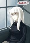  1girl bangs blunt_bangs book breasts glasses heidimarie_w._schnaufer long_hair looking_out_window medal medium_breasts military military_uniform pale_skin red_eyes reflection rikizo sidelocks sitting solo strike_witches thought_bubble uniform white_hair window world_witches_series 