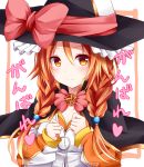  1girl blush bow bowtie braid capelet frilled_hat ganbare_ganbare_(itou_life) hands_on_own_chest hat hat_bow kanpani_girls kure~pu light_smile long_sleeves orange_hair tilda_blodh twin_braids upper_body witch_hat yellow_eyes 