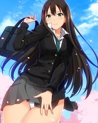  1girl blush brown_hair cardigan cherry_blossoms green_eyes idolmaster idolmaster_cinderella_girls kyoku_tou long_hair looking_at_viewer necktie panties pantyshot school_uniform shibuya_rin solo underwear 