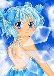  blue_eyes blue_hair bow cirno commentary_request hair_bow highres ice ice_wings ribbon solo tan tanline touhou wings yuzuna99 