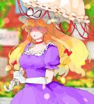  1girl blonde_hair blurry bow breasts building bush choker cleavage collarbone colored_eyelashes depth_of_field dress earrings ears elbow_gloves gloves hair_bow hat hat_ribbon holding_umbrella itak69 jewelry large_breasts lips long_hair mob_cap petals purple_dress ribbon ribbon-trimmed_clothes ribbon_trim sidewalk solo touhou umbrella vines violet_eyes wind yakumo_yukari 