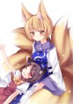  2girls animal_ears blonde_hair blush bow brown_hair cat_ears chen dress fang fox_ears fox_tail lap_pillow long_sleeves lying_on_lap mikazuki_sara multiple_girls multiple_tails no_hat one_eye_closed open_mouth puffy_short_sleeves puffy_sleeves red_dress red_eyes short_sleeves smile tabard tail touhou white_dress wide_sleeves yakumo_ran yellow_eyes 