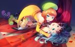  1boy 1girl blue_eyes blue_hair bow brooch butterfly curtains fang fingerless_gloves furfur gloves hat highres hitotubosi jewelry lying mouth_hold on_back open_mouth orange_hair petals smile striped striped_legwear thighhighs trap umineko_no_naku_koro_ni zepar 
