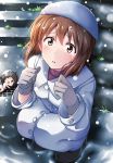  1girl brown_eyes brown_hair crying crying_with_eyes_open gloves hagiwara_yukiho highres idolmaster kamelie nonowa overcoat short_hair snow snowing solo squatting tareme tears 