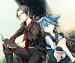  2boys bandages black_hair blue_eyes blue_hair book dutch_angle fuku_(pukuyan) highres japanese_clothes kashuu_kiyomitsu looking_at_another male_focus multiple_boys open_book ponytail red_eyes sayo_samonji scarf sitting touken_ranbu tree 