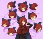  1girl alternate_hairstyle bow cape closed_eyes comparison covering_one_eye disembodied_head hair_bow hair_ornament long_sleeves looking_at_viewer looking_up one_eye_closed open_mouth profile red_eyes redhead sekibanki shirt short_hair simple_background smile sweatdrop touhou urin 