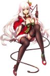  1girl artist_request bell black_gloves black_legwear bow breasts capelet cleavage dress full_body fur_trim gloves green_eyes hair_bell hair_bow hair_ornament high_heels jingle_bell large_breasts leg_up long_hair panties pantyshot pantyshot_(sitting) parted_lips payot red_dress santa_costume short_dress sitting solo sparkle thigh-highs transparent_background underwear unleashed very_long_hair whip white_hair white_panties 