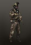  1boy assault_rifle boots camouflage didloaded gun hat headphones helmet highres knee_pads load_bearing_vest mask military military_hat military_uniform night_vision_device operator original rifle scope simple_background smoke_grenade solo tagme trigger_discipline uniform vertical_foregrip walkie-talkie weapon woodland_pattern 