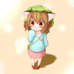  1girl animal_ears brown_eyes brown_hair cat_ears chen earrings fang hat jewelry kindergarten_uniform kisa_(k_isa) looking_at_viewer name_tag open_mouth short_hair solo touhou younger 