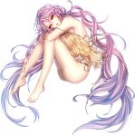  1girl ass babydoll bare_legs bare_shoulders barefoot breast_press breasts brown_eyes full_body interitio knees_on_chest large_breasts long_hair panties parted_lips purple_hair side-tie_panties solo twintails underwear underwear_only unleashed very_long_hair yellow_panties 