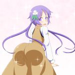 1girl ass bent_over blush brown_dress cato_(monocatienus) dress flower from_behind hair_flower hair_ornament long_hair long_sleeves looking_at_viewer looking_back open_mouth purple_hair shirt solo sparkle touhou tsukumo_benben twintails very_long_hair violet_eyes 
