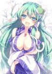  1girl blue_eyes breasts cleavage green_hair kochiya_sanae large_breasts mikazuki_sara solo touhou 