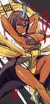  1girl ankh arms_behind_head bare_shoulders black_dress black_hair blue_eyes bob_cut breasts dark_skin dress eliza_(skullgirls) large_breasts lowres short_hair sideboob skullgirls solo tiara toi_(toiot) 