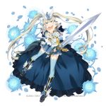  1girl :t bare_shoulders blonde_hair blue_eyes crown dress drill_hair head_wings kai-ri-sei_million_arthur long_hair looking_at_viewer official_art pout smile solo sword thigh-highs twintails ume_(plumblossom) very_long_hair weapon 