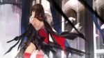  1girl bare_back bird black_hair cape highres long_hair looking_back original solo swd3e2 sword thigh-highs weapon 