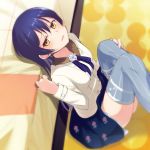  1girl blue_hair blue_legwear highres long_hair looking_at_viewer love_live!_school_idol_project nanotsuki sitting solo sonoda_umi thigh-highs yellow_eyes 