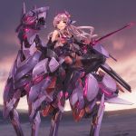  1girl bare_arms boots g.haruka long_hair mecha navel necktie parted_lips purple_hair red_eyes sword thigh-highs thigh_boots us_army weapon 