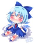  1girl blue_dress blue_hair blush bow cirno closed_eyes crying dress hair_bow ice ice_wings mikazuki_sara open_mouth puffy_short_sleeves puffy_sleeves shirt short_sleeves sitting solo touhou wavy_mouth wings 