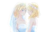  2girls alice_margatroid blonde_hair blue_eyes blush couple dress kirisame_marisa long_hair multiple_girls nip_to_chip pointy_ears touhou wedding_dress yuri 