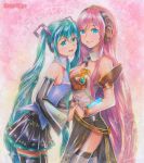  2girls artist_name asymmetrical_docking blue_eyes breast_press collar detached_sleeves green_eyes green_hair hatsune_miku hatsune_miku_(vocaloid3) headphones highres interlocked_fingers long_hair looking_at_viewer marker_(medium) mayo_riyo megurine_luka megurine_luka_(vocaloid4) multiple_girls nail_polish necktie open_mouth pink_hair skirt smile thigh-highs traditional_media twintails very_long_hair vocaloid 