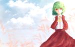  1girl arms_behind_back ascot blue_sky clouds collared_shirt fanshu green_hair highres kazami_yuuka long_skirt long_sleeves looking_at_viewer petals plaid plaid_skirt plaid_vest red_eyes short_hair skirt sky smile solo standing sunlight touhou wind 