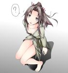  1girl ? barefoot brown_eyes brown_hair downblouse feet from_above full_body gradient gradient_background grey_background highres kantai_collection knees_together_feet_apart legs long_hair looking_at_viewer looking_up parted_lips ponytail shadow sitting small_breasts solo spoken_question_mark stool tamagane_chikyu zuihou_(kantai_collection) 