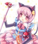  1girl :d adapted_costume alternate_costume animal_ears baton blush bow card cardcaptor_sakura cat_ears cat_tail clow_card cosplay eyeball fake_animal_ears fuuin_no_tsue hairband heart holding kinomoto_sakura kinomoto_sakura_(cosplay) komeiji_satori looking_at_viewer magical_girl mikazuki_sara open_mouth pink_eyes pink_hair red_eyes short_hair smile staff star starry_background tail third_eye touhou 