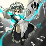  1girl apron bangs bloody_marie_(skullgirls) blue_fire fire floating full_body hair_ornament leg_hug lkll maid maid_headdress mary_janes parted_bangs red_eyes shoes silver_hair skull_hair_ornament skull_heart skullgirls solo thigh-highs twintails upskirt white_legwear 