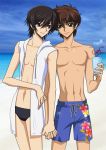  2boys aruxion beach code_geass drink heart_straw holding_hands hoodie kururugi_suzaku lelouch_lamperouge male_focus multiple_boys no_nipples shirtless sleeveless sleeveless_hoodie smile straw swim_briefs swim_trunks yaoi 