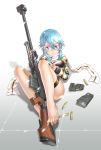  1girl anti-materiel_rifle barefoot blue_eyes blue_hair fingerless_gloves gloves gun kws magazine_(weapon) rifle scarf shell_casing shinon_(sao) short_hair sniper_rifle sword_art_online weapon 