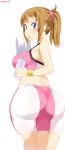  :o ass blue_eyes bottle breasts brown_hair gaston18 gundam gundam_build_fighters gundam_build_fighters_try highres hoshino_fumina large_breasts looking_at_viewer parted_lips ponytail short_hair short_shorts shorts simple_background sweat sweating thighs white_background 