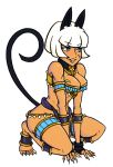  1girl alternate_costume animal_ears anklet armlet bare_shoulders barefoot blue_eyes bob_cut breasts cat_ears cat_tail cleavage collar dark_skin fornoreason17 jewelry ms._fortune_(skullgirls) scar short_hair skullgirls slave smile solo squatting tail white_hair 