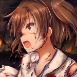  1girl blood brown_eyes brown_hair commentary fire japanese_clothes kaga_(kantai_collection) kantai_collection kisa_(k_isa) open_mouth side_ponytail solo tears torn_clothes 