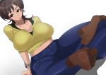  1girl amaha_masane breasts brown_eyes brown_hair cleavage denim feet huge_breasts jeans long_hair midriff navel pants shiva_(johan-s) simple_background solo toes white_background witchblade 
