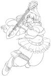  13988 1girl :d belly blush boots breasts guitar instrument jumping large_breasts lineart long_hair microskirt monochrome navel ole_tower open_mouth plump shovel skirt smile solo spade spanner_(ole_tower) tareme thick_thighs thighs worktool 