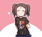  1girl alternate_hairstyle arms_behind_back blush brown_hair carol_(skullgirls) ng_(kimjae737) pleated_skirt short_twintails skirt skullgirls small_breasts smile solo stitches t-shirt twintails 