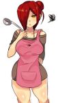  1girl alternate_hairstyle apron arm_behind_back bare_shoulders blush breasts cowboy_shot hair_bun hair_over_one_eye ladle large_breasts long_hair off-shoulder_sweater parasoul_(skullgirls) redhead skullgirls solo squiggle standing sweater_dress toi_(toiot) yellow_eyes 