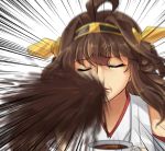  ahoge brown_hair closed_eyes commentary cup double_bun emphasis_lines hanjuku_tomato headgear kantai_collection kongou_(kantai_collection) long_hair nontraditional_miko spitting teacup 