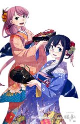  2girls :d akashi_(kantai_collection) alternate_hairstyle black_hair blue_eyes embellished_costume flower_ornament fujikawa glasses green_eyes hair_ornament highres japanese_clothes kantai_collection kanzashi kimono looking_at_viewer multiple_girls new_year official_art ooyodo_(kantai_collection) open_mouth osechi pink_hair scan scan_artifacts smile tray tsumami_kanzashi 