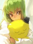  1girl c.c. cheese-kun code_geass creayus green_hair hat hug long_hair looking_at_viewer mini_hat solo yellow_eyes 